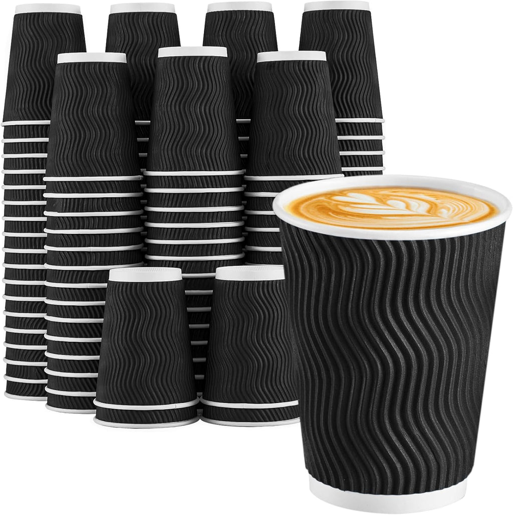 Coffee Cups 12 oz 100 Pack – Black Insulated Ripple Wall Paper Cups