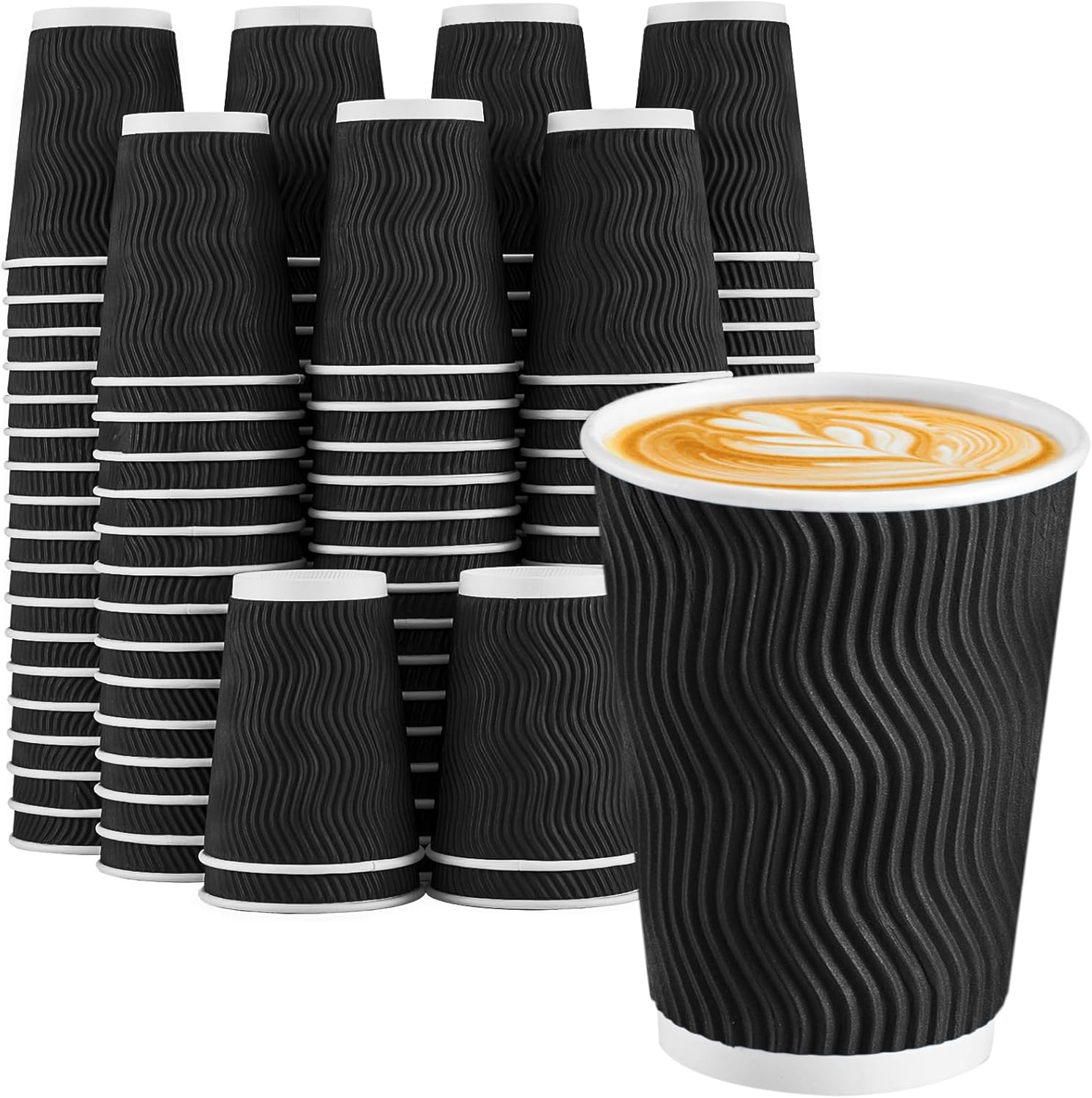 Coffee Cups 12 oz 100 Pack – Black Insulated Ripple Wall Paper Cups