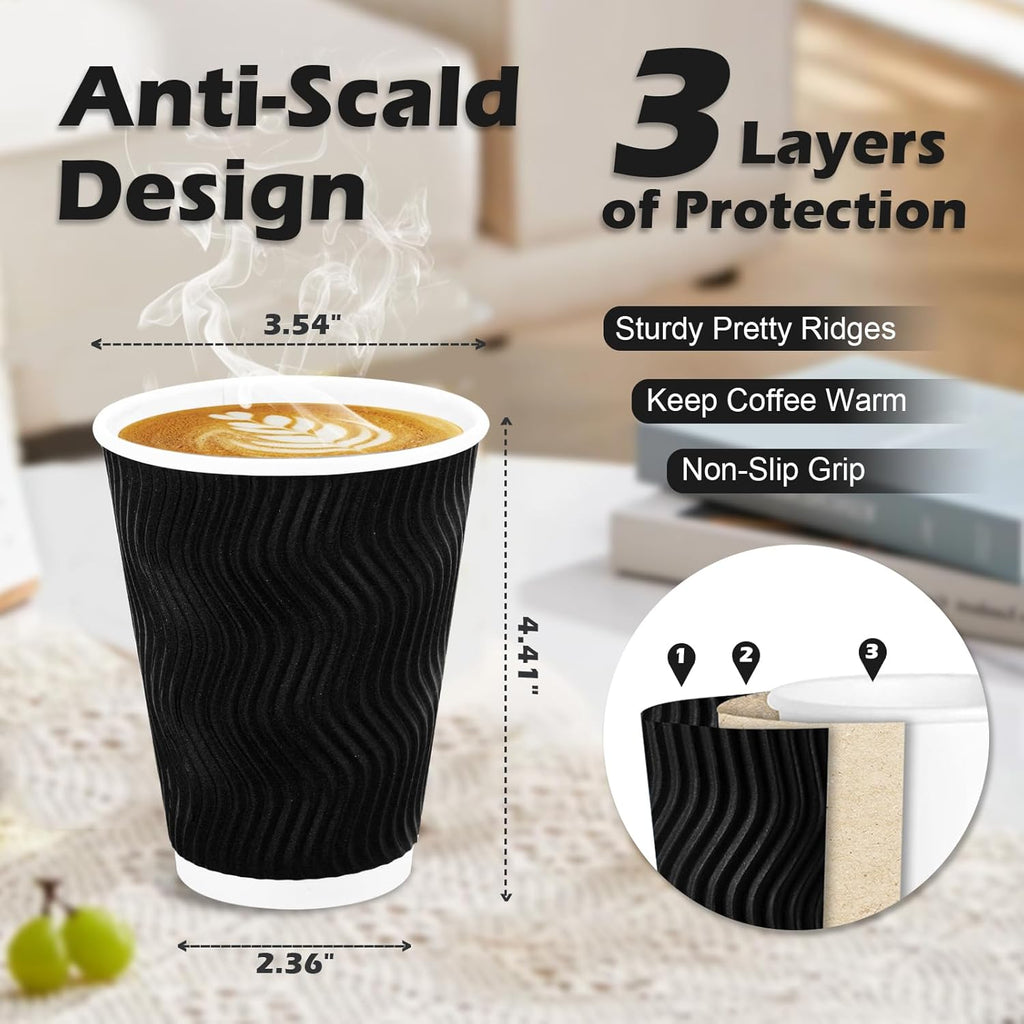 Coffee Cups 12 oz 100 Pack – Black Insulated Ripple Wall Paper Cups