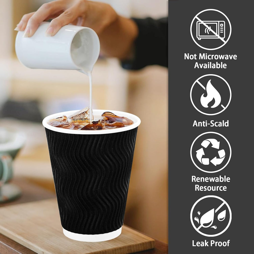 Coffee Cups 12 oz 100 Pack – Black Insulated Ripple Wall Paper Cups