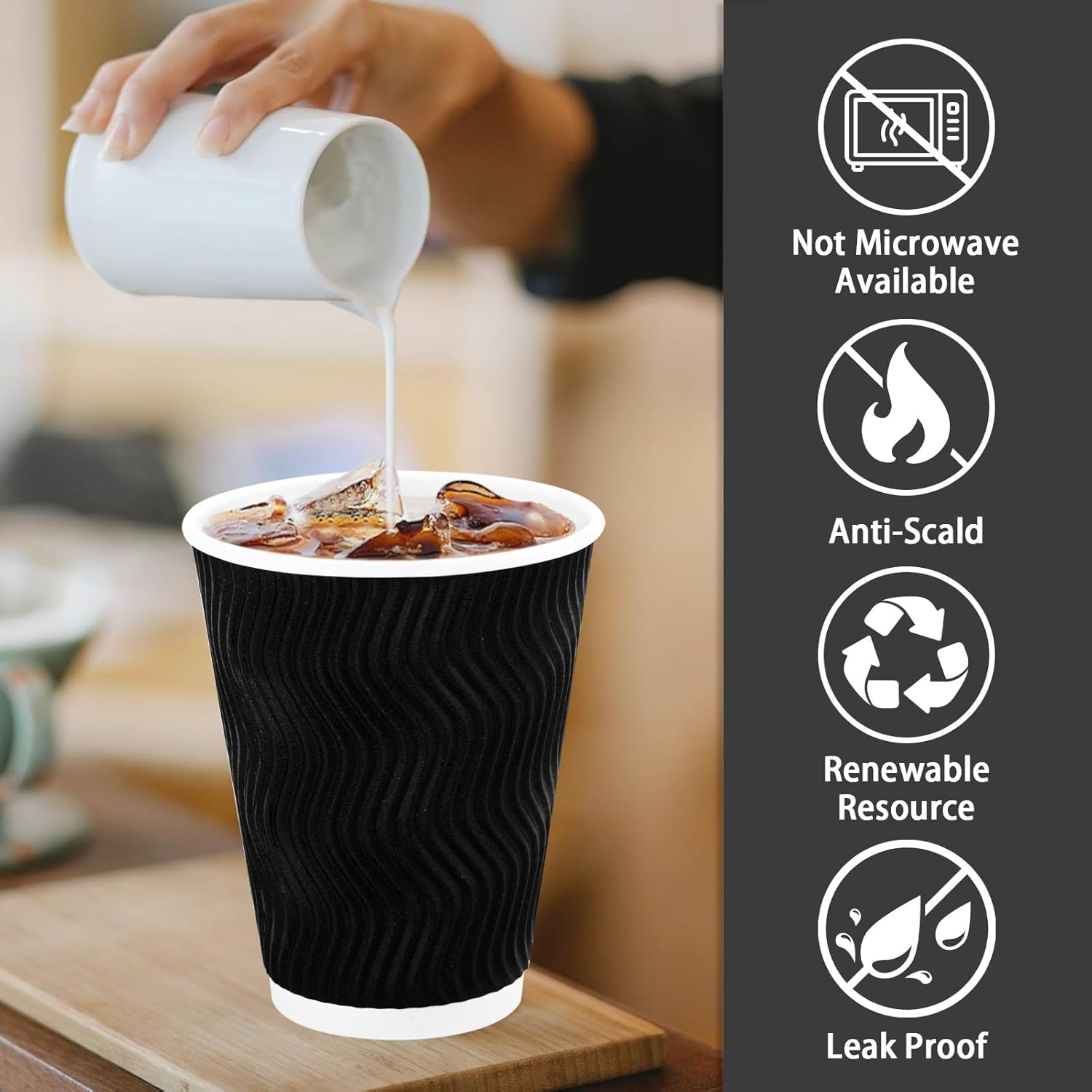 Coffee Cups 12 oz 100 Pack – Black Insulated Ripple Wall Paper Cups