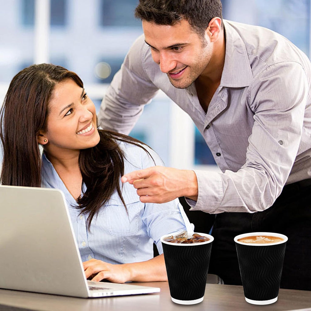 Coffee Cups 12 oz 100 Pack – Black Insulated Ripple Wall Paper Cups
