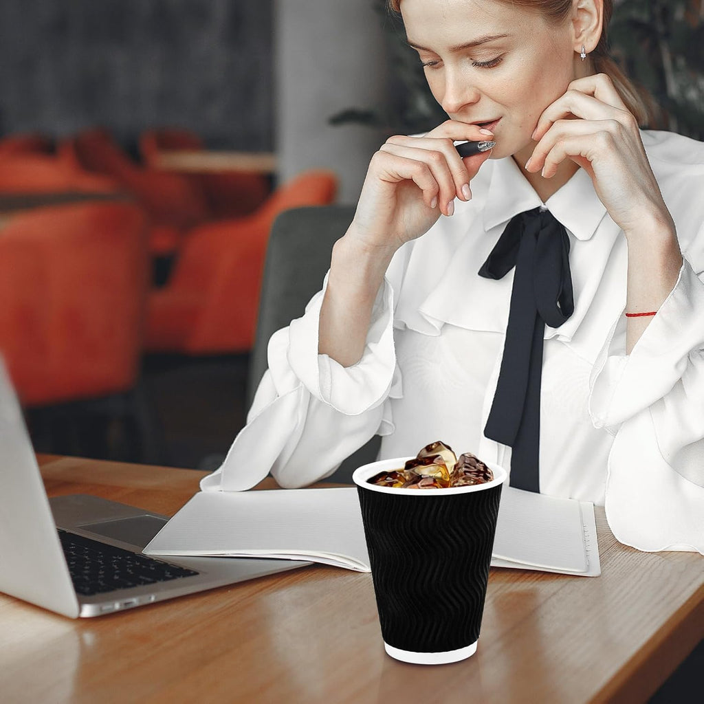 Coffee Cups 12 oz 100 Pack – Black Insulated Ripple Wall Paper Cups