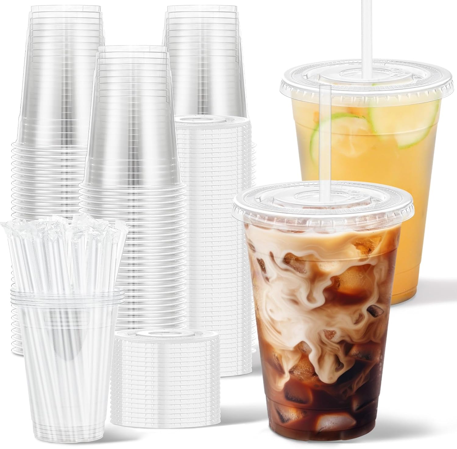 16 oz Plastic Cups with Lids and Straws 100 Pack – Clear Disposable To-Go Cups