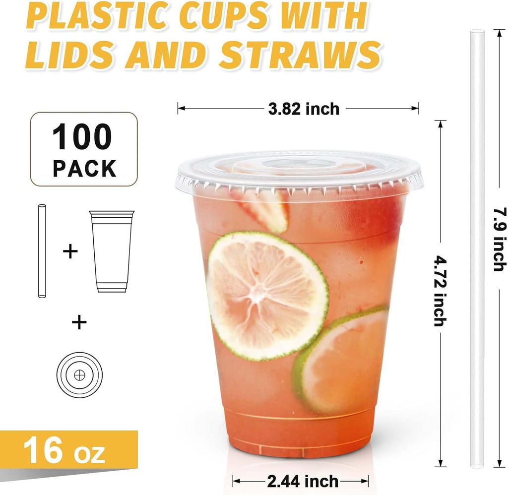 16 oz Plastic Cups with Lids and Straws 100 Pack – Clear Disposable To-Go Cups