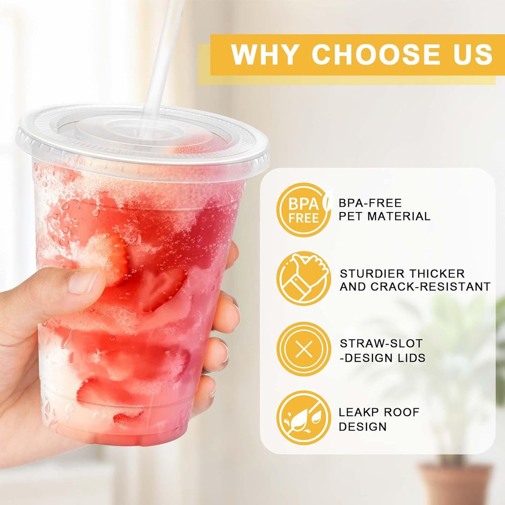 16 oz Plastic Cups with Lids and Straws 100 Pack – Clear Disposable To-Go Cups