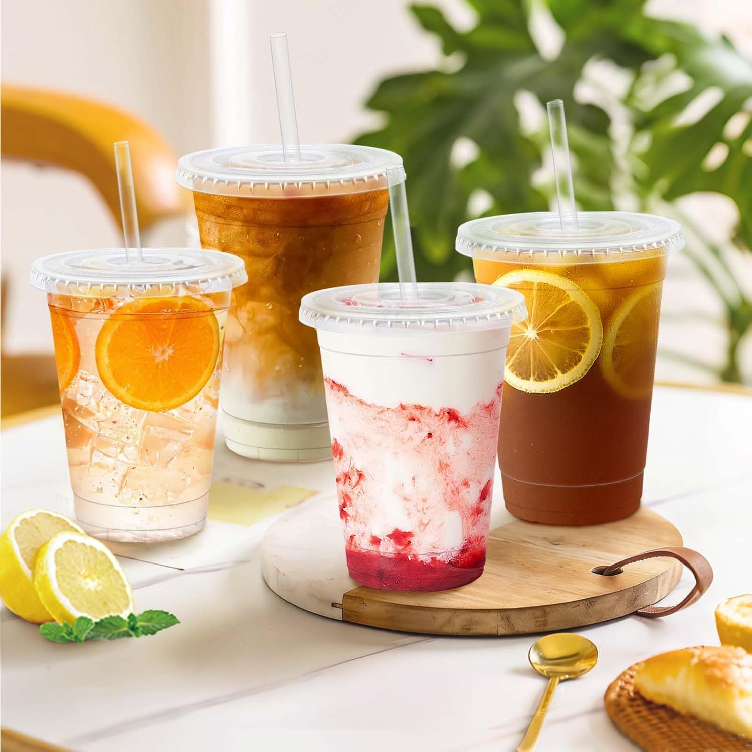 16 oz Plastic Cups with Lids and Straws 100 Pack – Clear Disposable To-Go Cups
