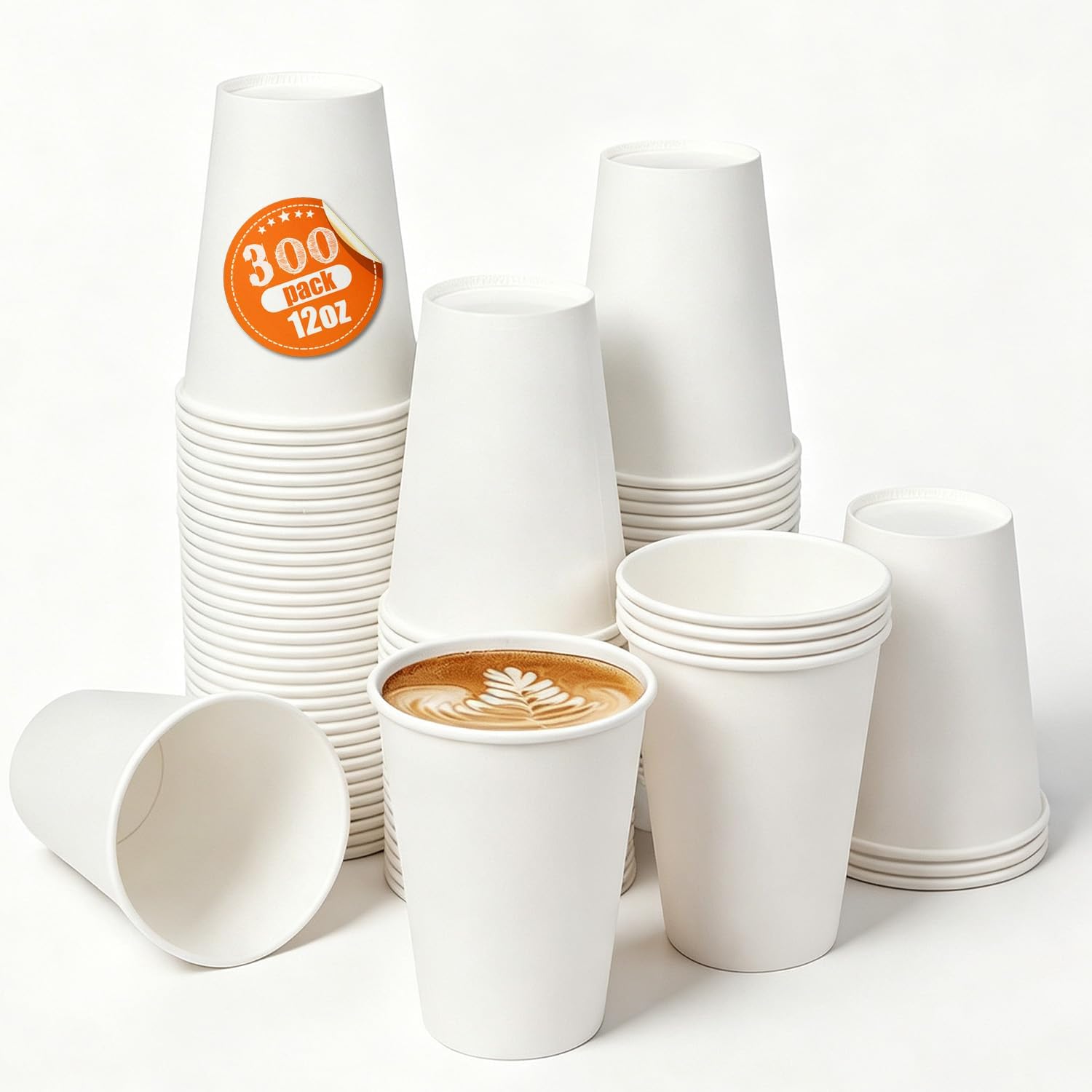 Disposable Paper Coffee Cups 12 oz 300 Count Bulk – Leak-Proof White Recyclable Cups