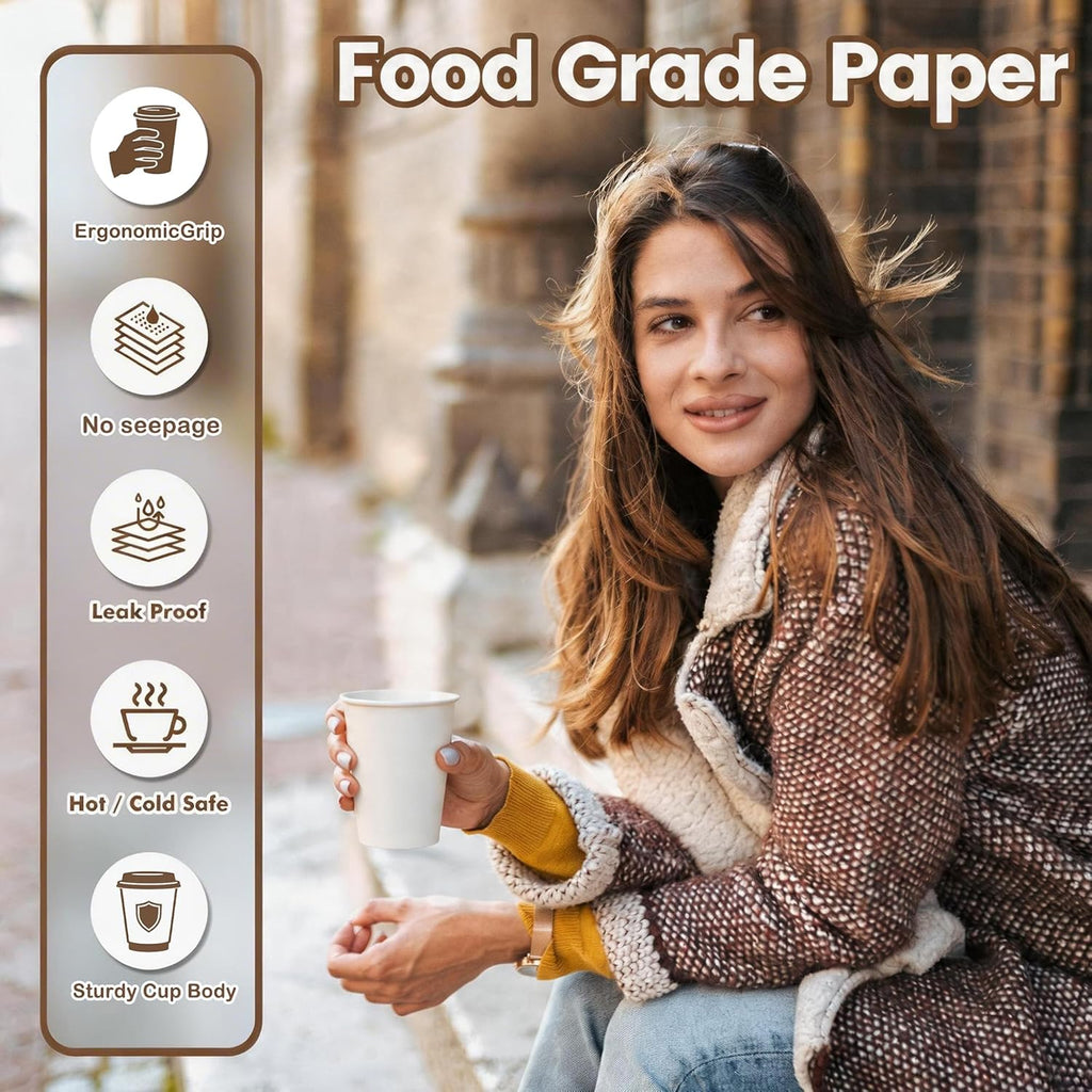 Disposable Paper Coffee Cups 12 oz 300 Count Bulk – Leak-Proof White Recyclable Cups