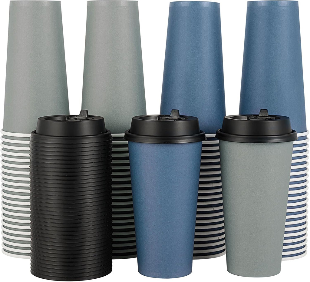 100 Pack 20 oz Disposable Paper Coffee Cups with Lids – Blue & Gray Hot Cups
