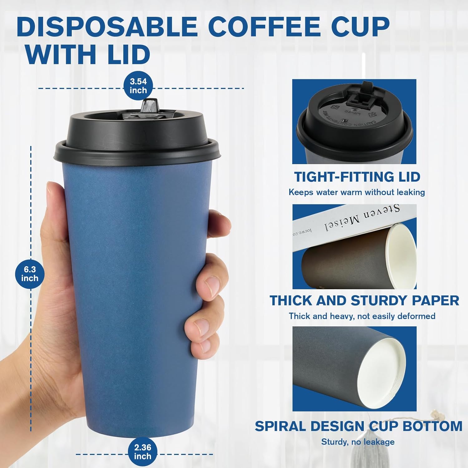 100 Pack 20 oz Disposable Paper Coffee Cups with Lids – Blue & Gray Hot Cups