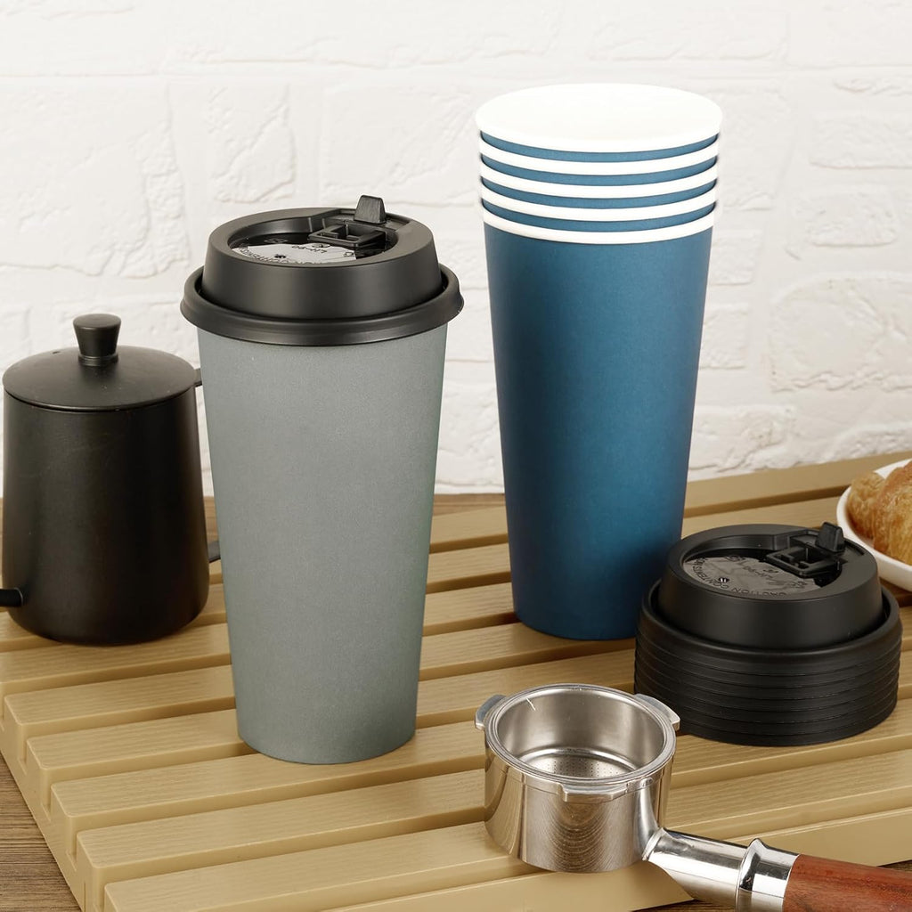 100 Pack 20 oz Disposable Paper Coffee Cups with Lids – Blue & Gray Hot Cups