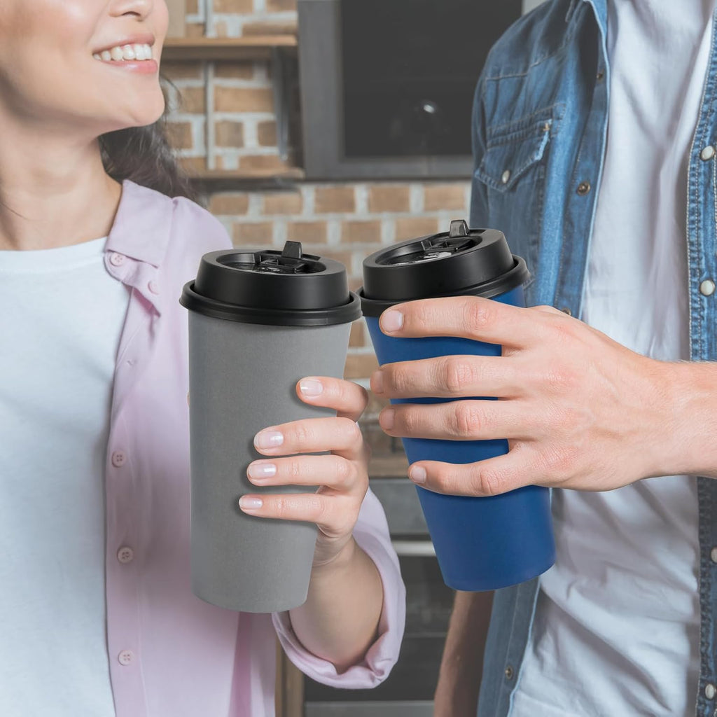 100 Pack 20 oz Disposable Paper Coffee Cups with Lids – Blue & Gray Hot Cups