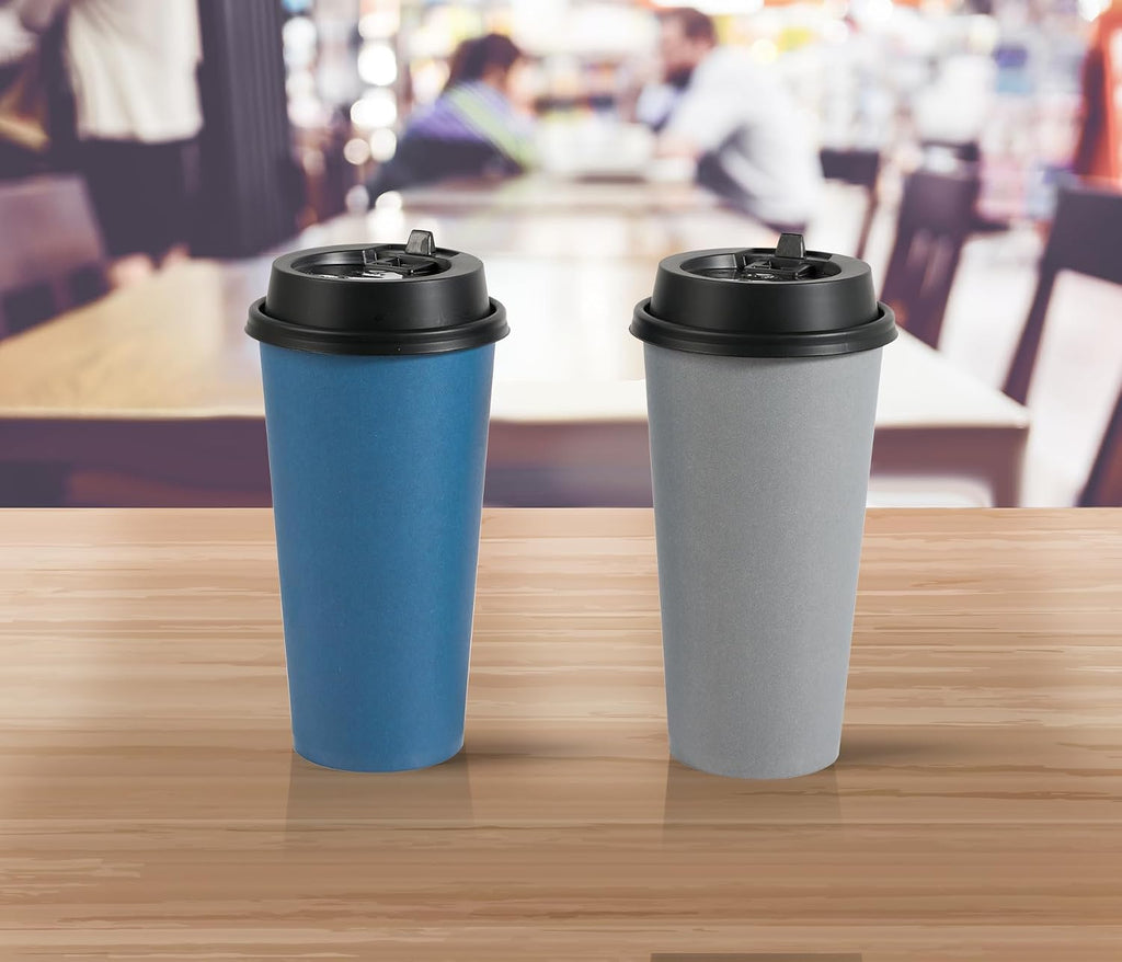 100 Pack 20 oz Disposable Paper Coffee Cups with Lids – Blue & Gray Hot Cups
