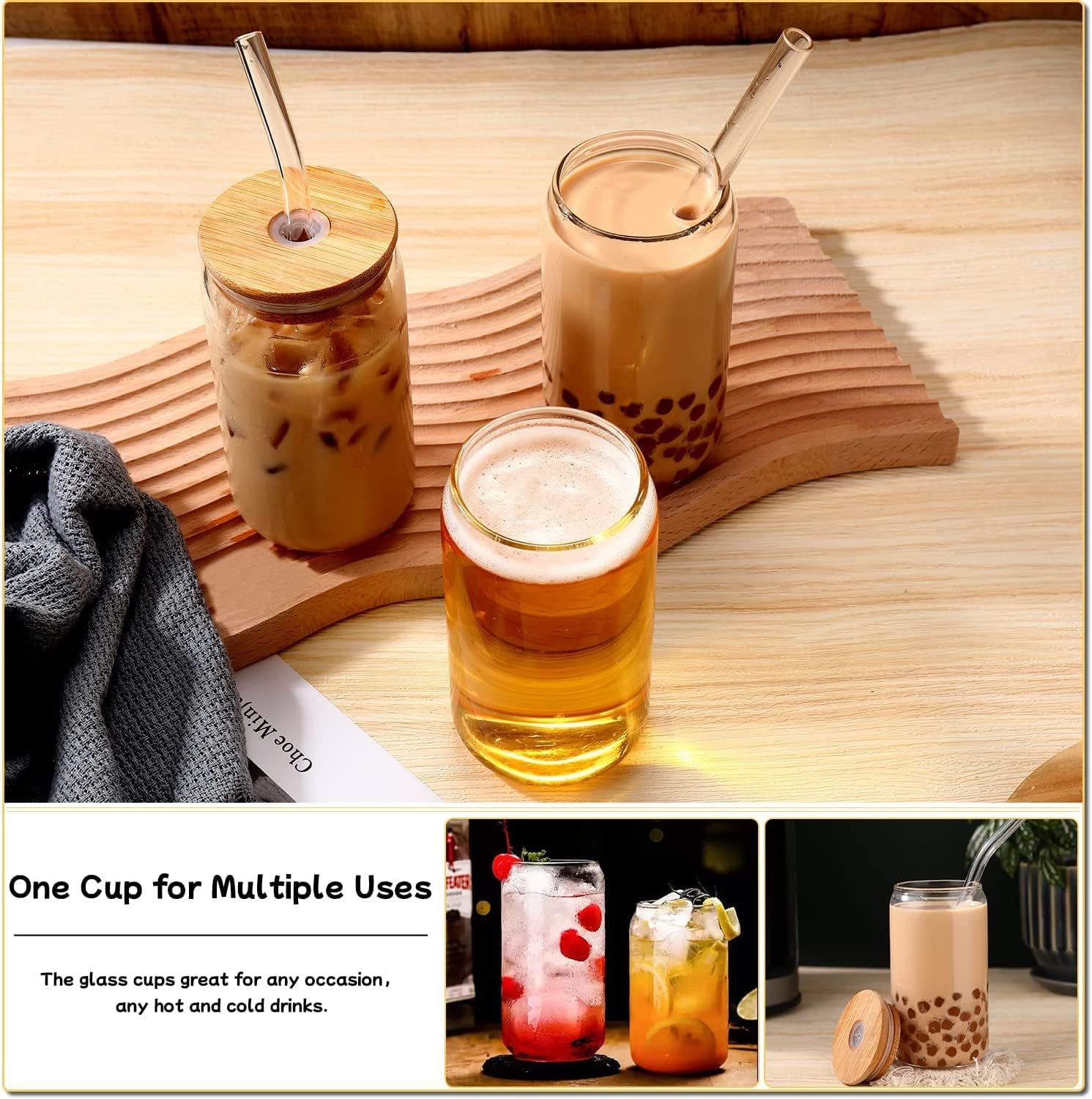 16 oz Glass Cups with Lids and Straws Set of 4 – Reusable Iced Coffee & Matcha Tumblers