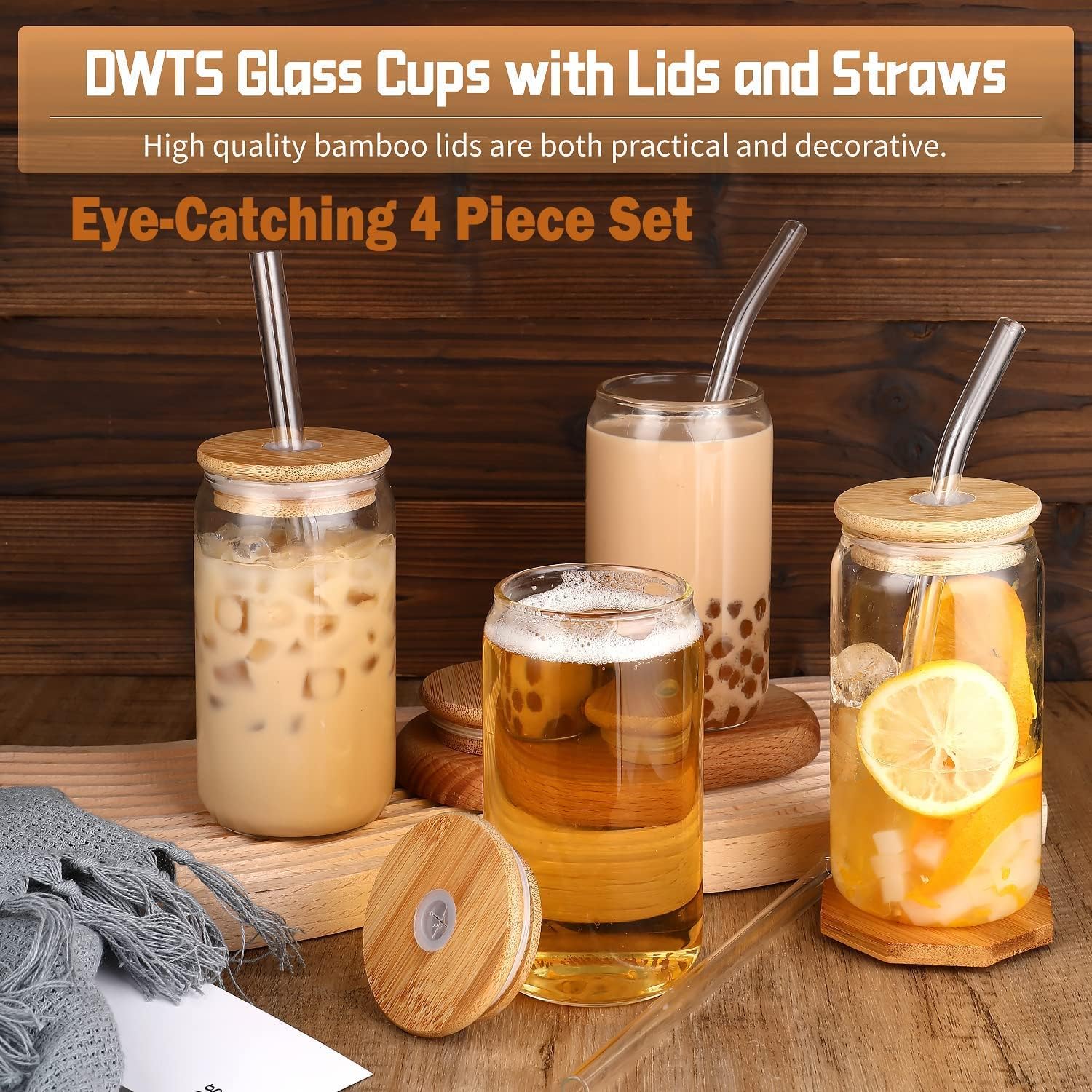 16 oz Glass Cups with Lids and Straws Set of 4 – Reusable Iced Coffee & Matcha Tumblers
