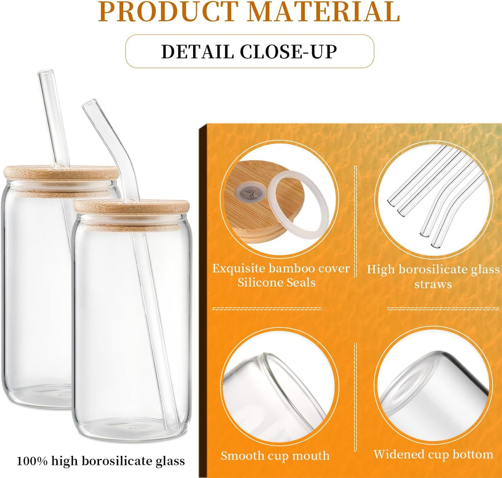 16 oz Glass Cups with Lids and Straws Set of 4 – Reusable Iced Coffee & Matcha Tumblers