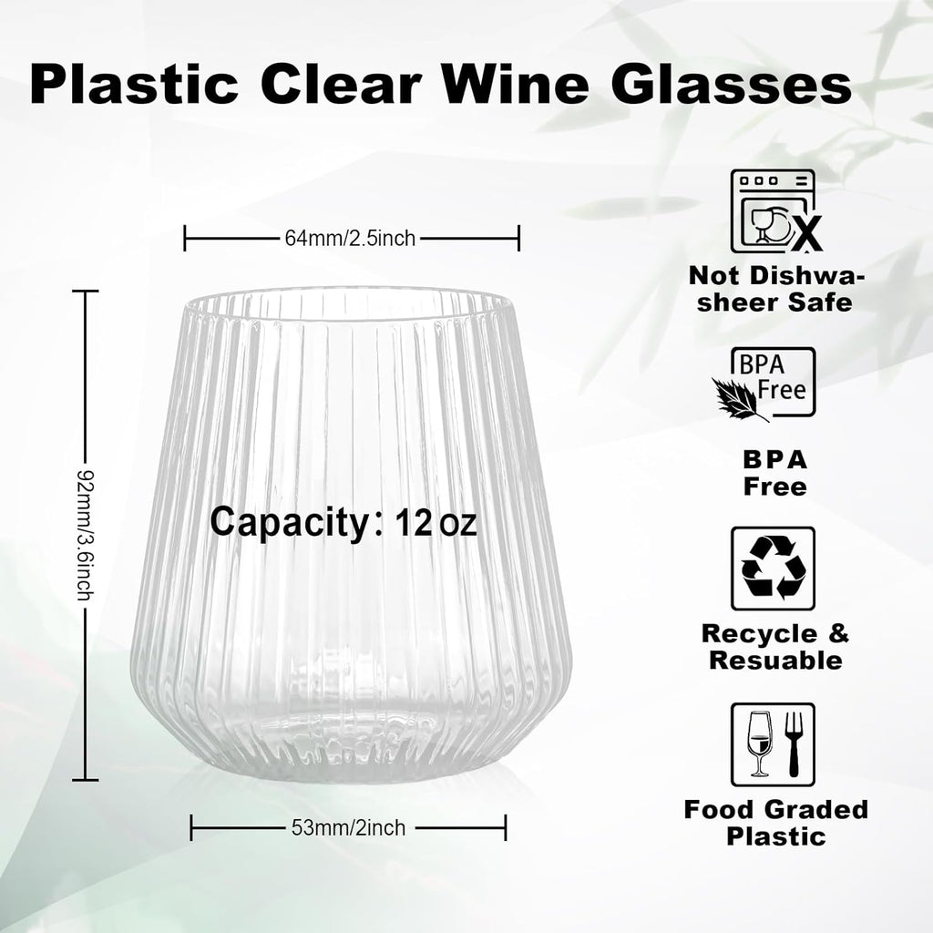 36 Pcs 12 oz Clear Ribbed Plastic Wine Glasses – Disposable Champagne & Whiskey Glasses