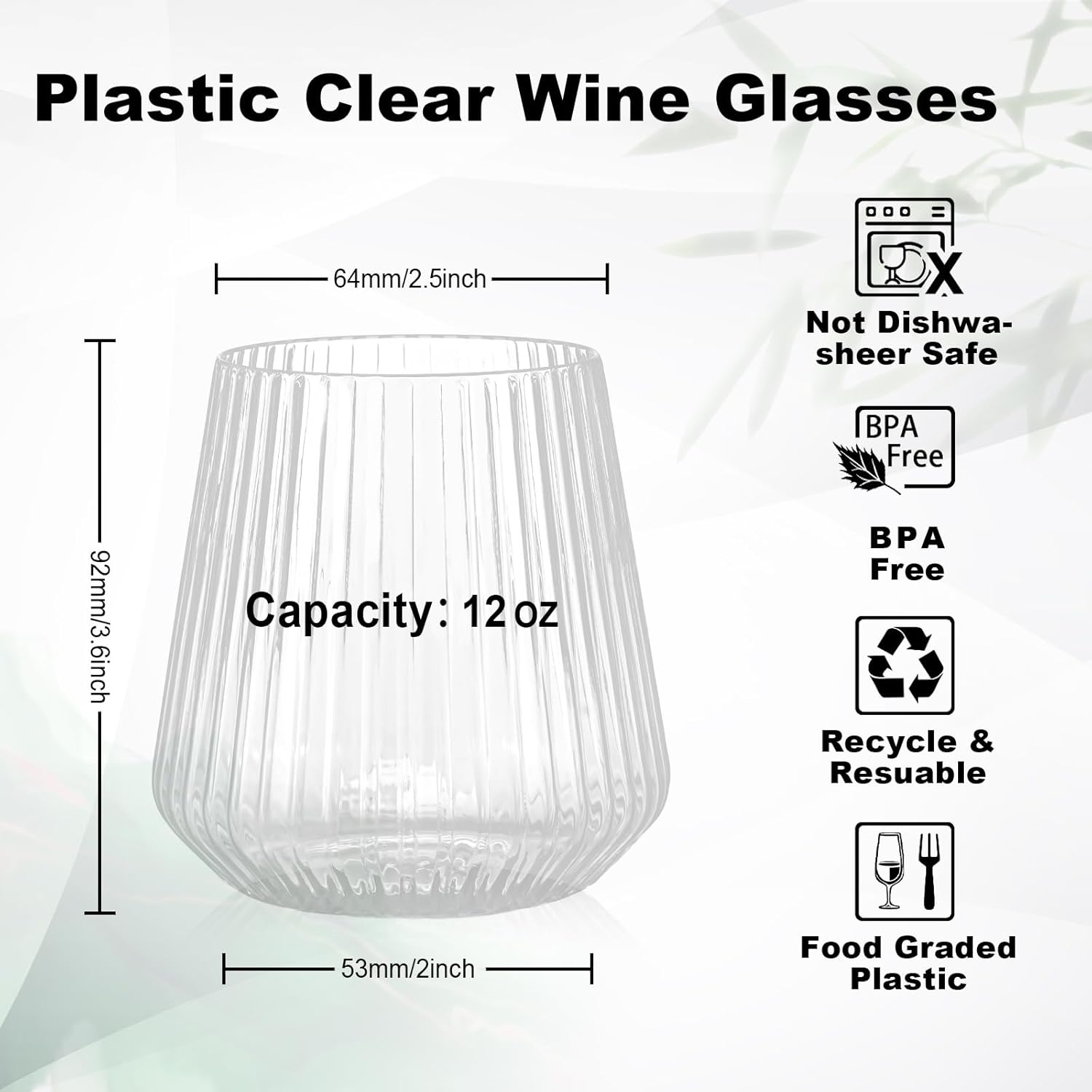 36 Pcs 12 oz Clear Ribbed Plastic Wine Glasses – Disposable Champagne & Whiskey Glasses
