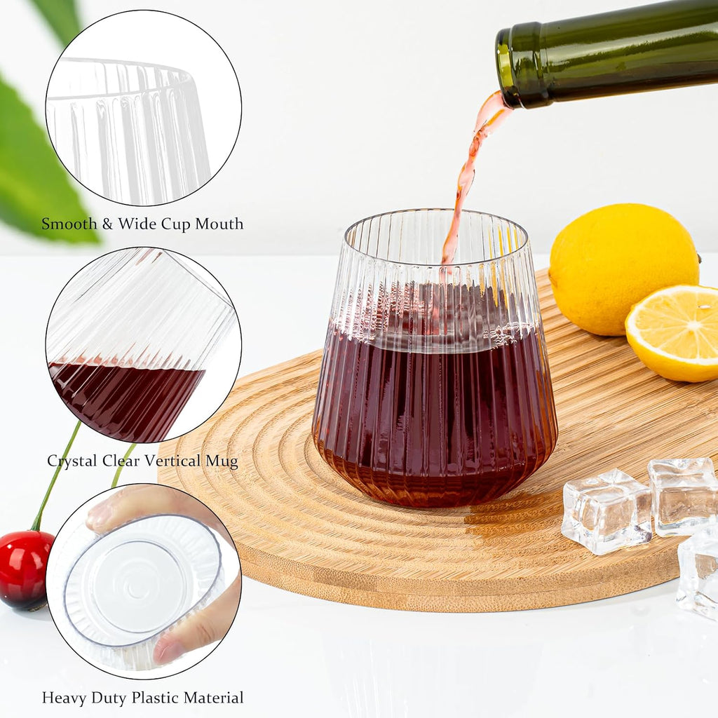 36 Pcs 12 oz Clear Ribbed Plastic Wine Glasses – Disposable Champagne & Whiskey Glasses