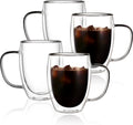 12 oz Double Walled Glass Coffee Mugs 4-Pack – Insulated Clear Espresso Cups with Handle
