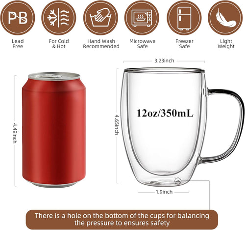 12 oz Double Walled Glass Coffee Mugs 4-Pack – Insulated Clear Espresso Cups with Handle