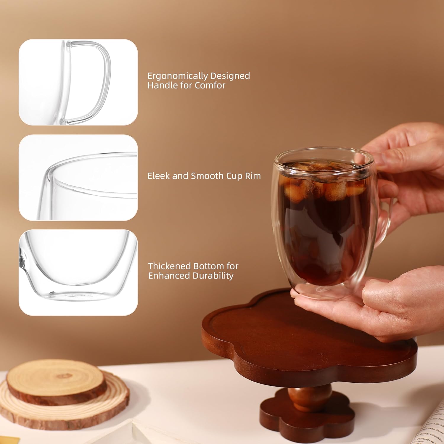 12 oz Double Walled Glass Coffee Mugs 4-Pack – Insulated Clear Espresso Cups with Handle