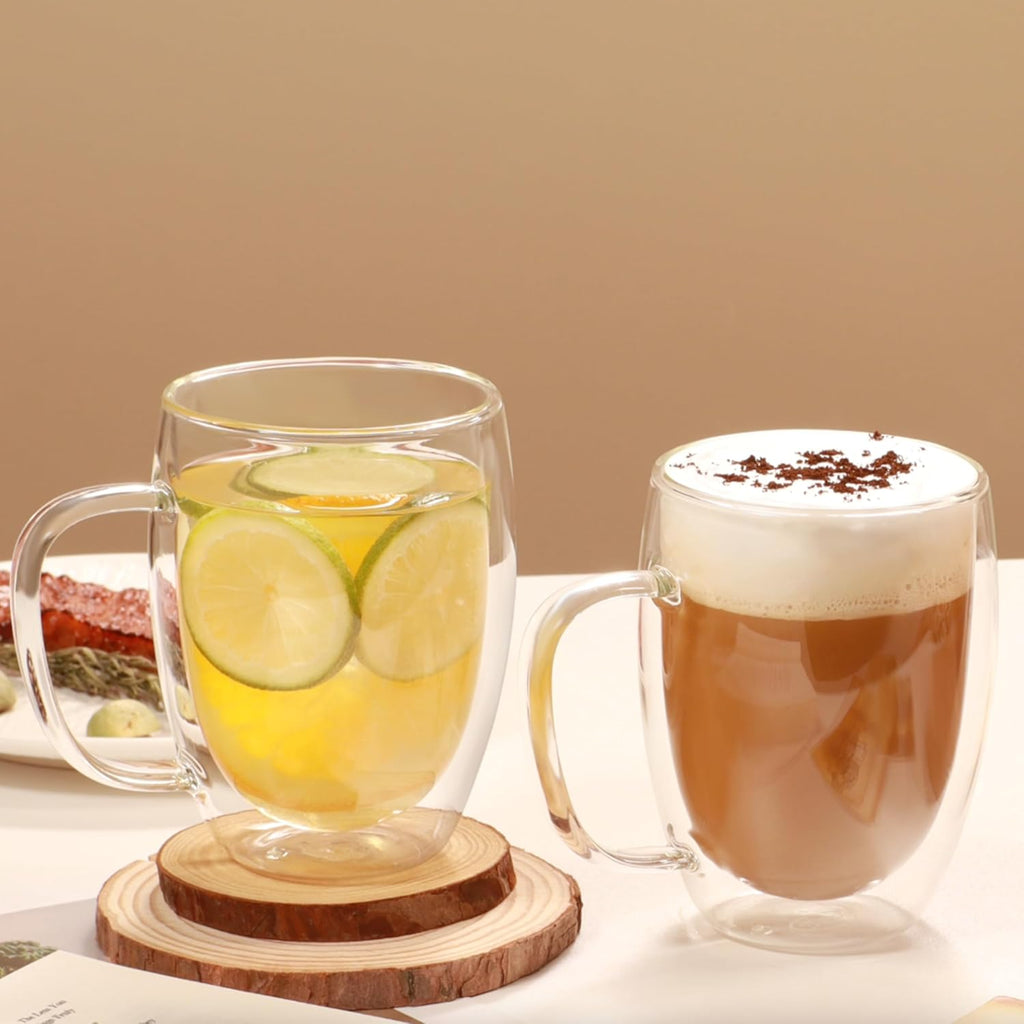 12 oz Double Walled Glass Coffee Mugs 4-Pack – Insulated Clear Espresso Cups with Handle
